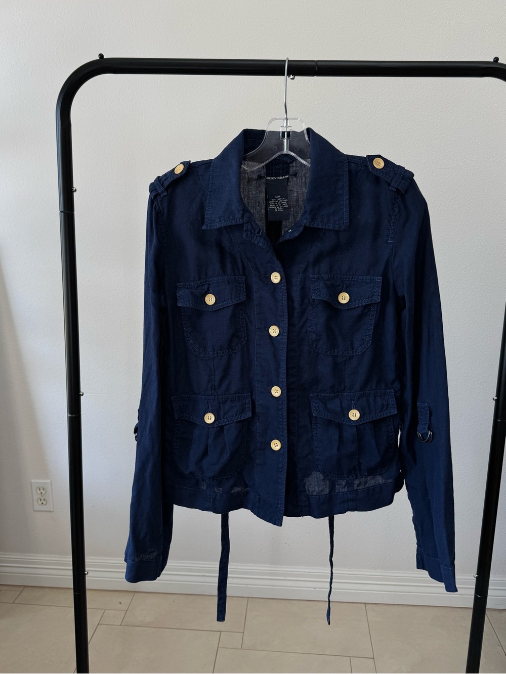 Lucky Brand Navy Blue Linen Utility Military Safari Jacket S/P